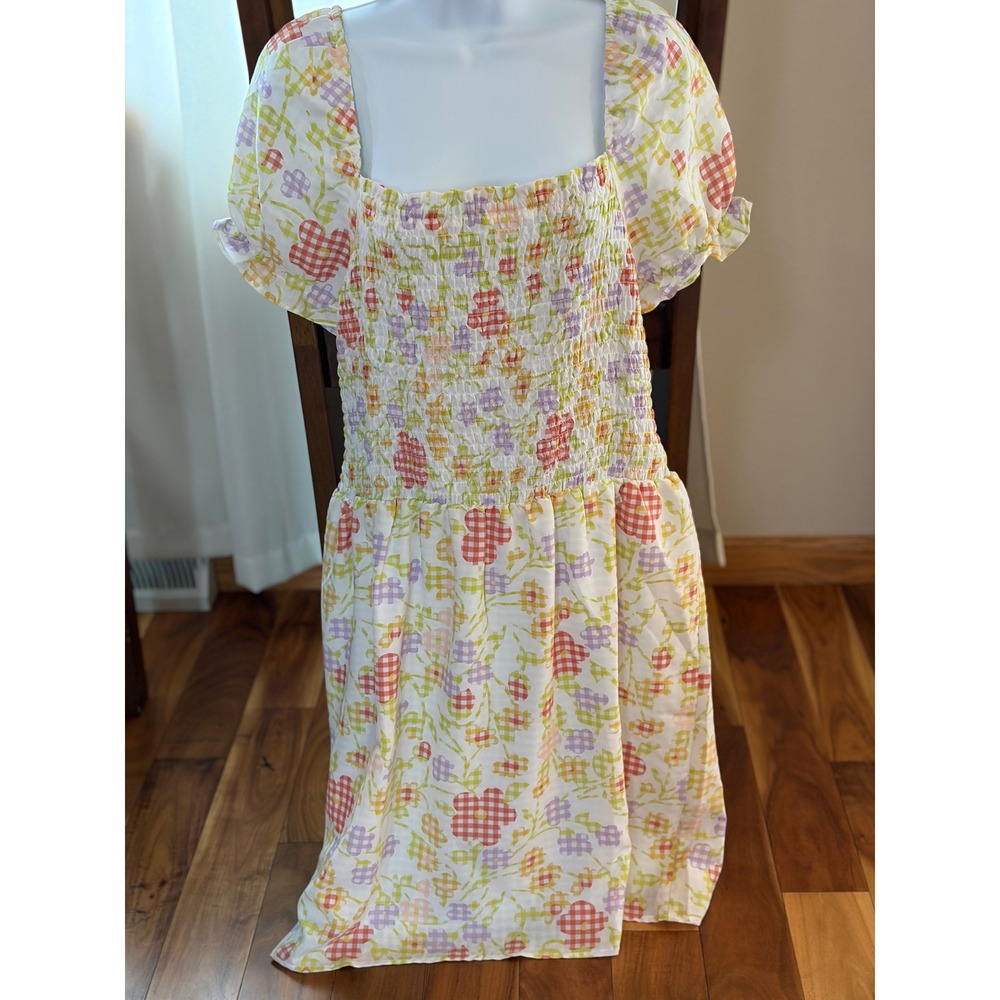 Loft Outlet Floral Gingham Smocked Dress Square Neck Puff Sleeve NWT Medium